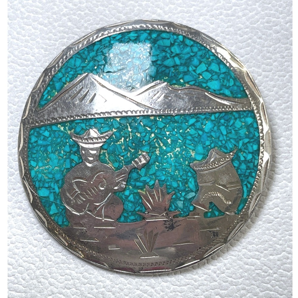 Vintage Guadalajara Mex 925 Sterling Silver Turquoise Inlay Brooch Pendant 17g